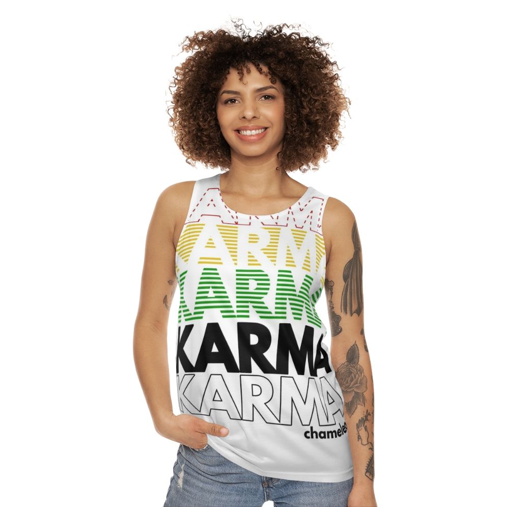 Retro 1980s unisex tank top with Karma Club design - women