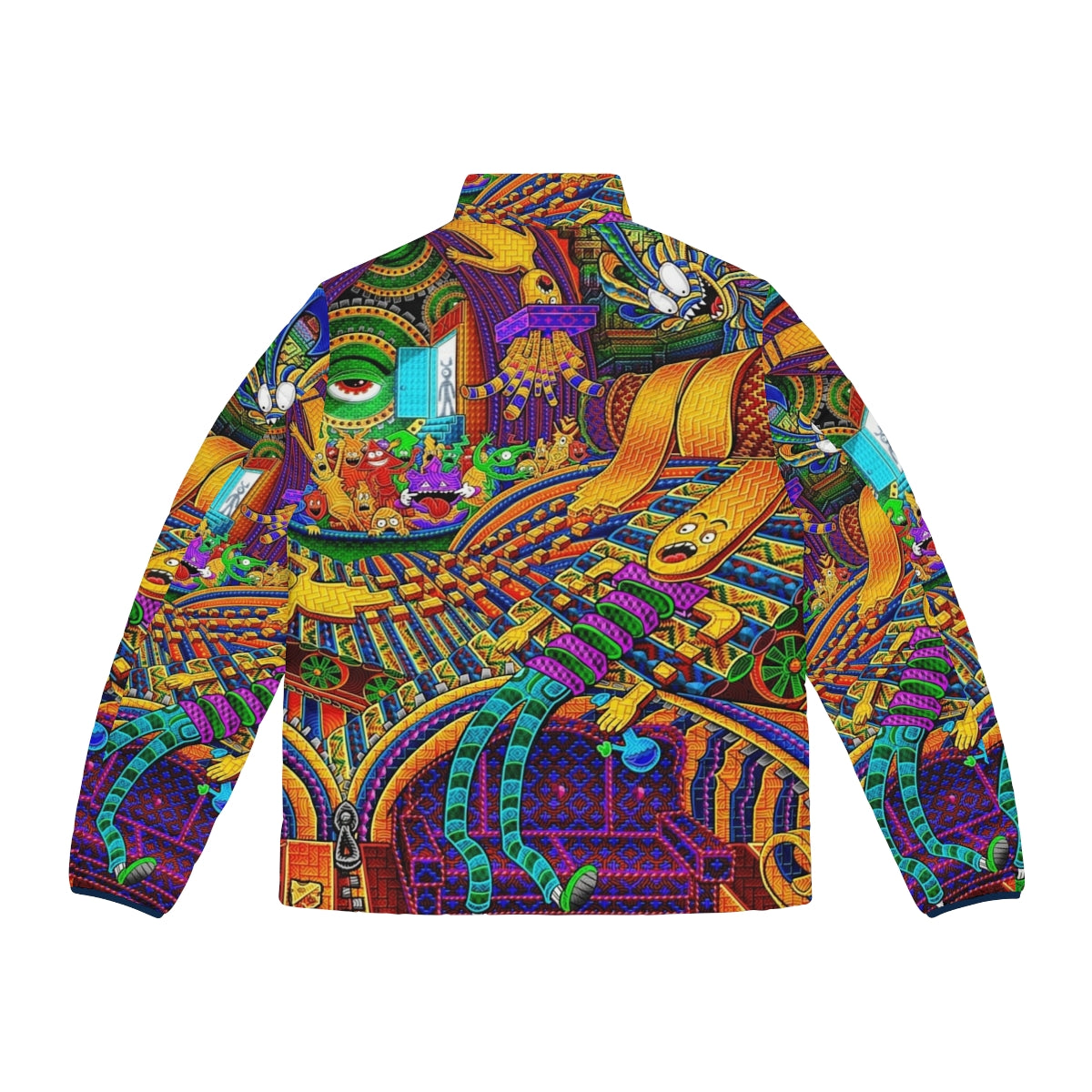 Puffer jacket with psychedelic, visionary art design inspired by altered states of consciousness - Back