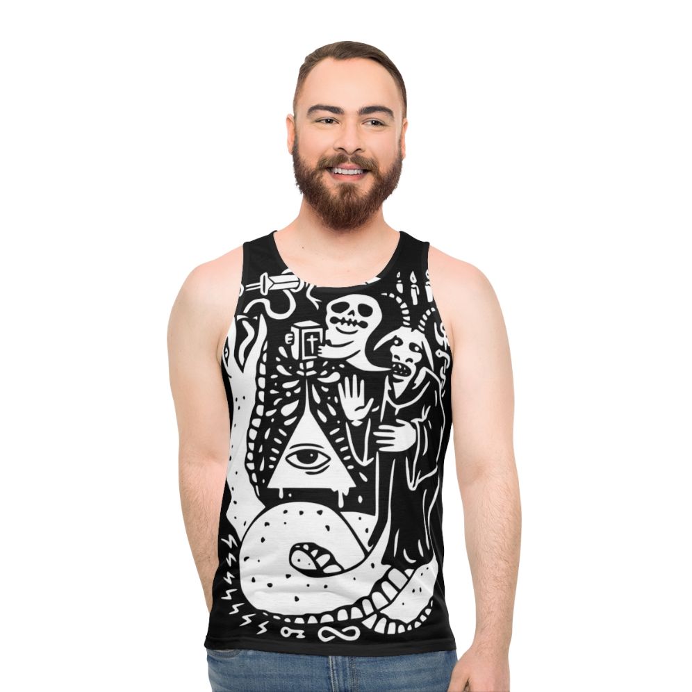 Occult unisex tank top with mystical cult design - men