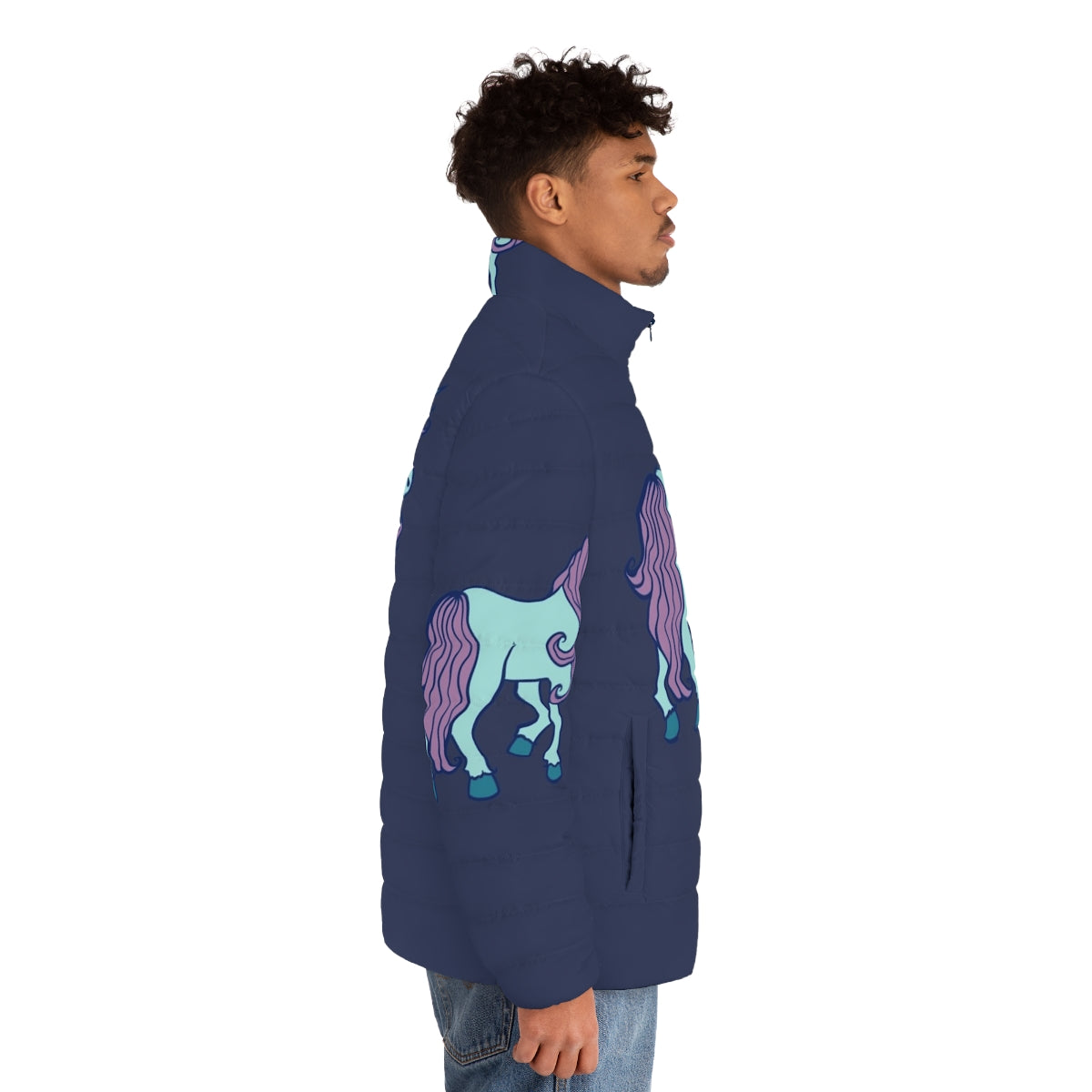 A pink puffer jacket with a unicorn design, perfect for the unicorn lover. - men side right