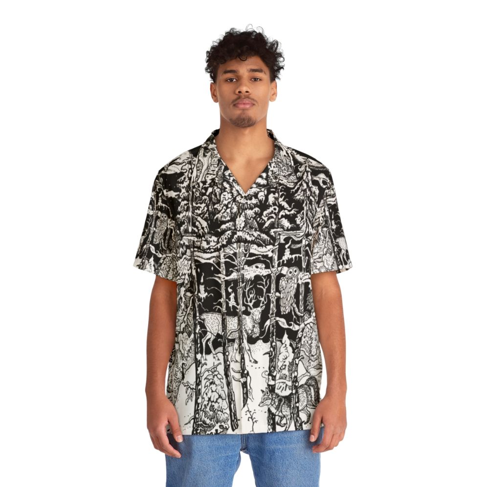 Winter forest Hawaiian shirt with deer, foxes, and snowy trees - People Front