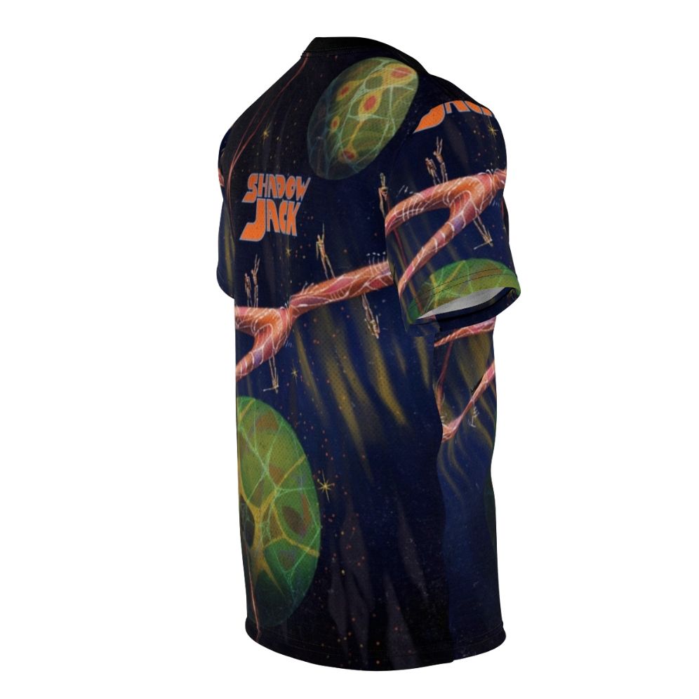 Psychedelic retro sci-fi inspired Shadowjack t-shirt featuring planets, stars, and space elements - men right