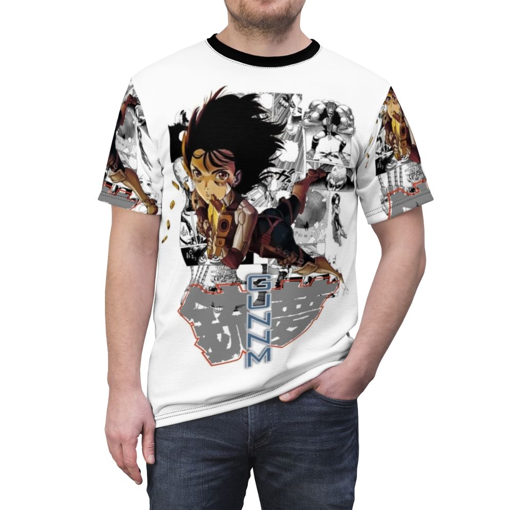 Cyberpunk-inspired t-shirt featuring a stylized image of an anime girl in a futuristic, dystopian setting. - men front