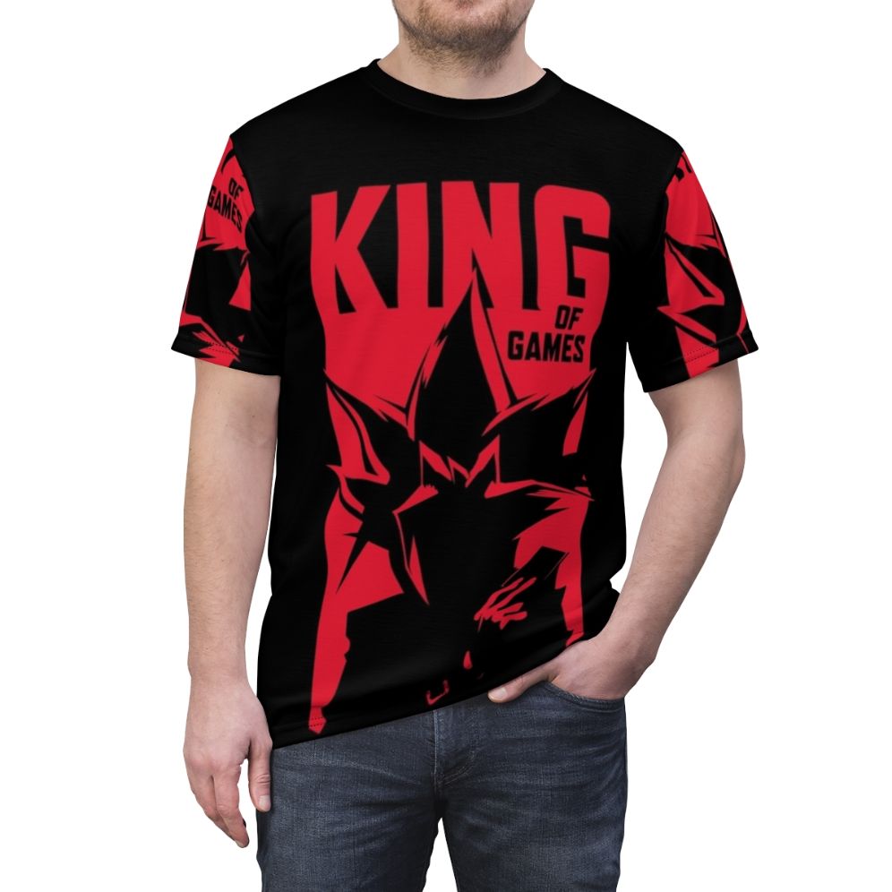 Yugioh-inspired t-shirt featuring iconic characters and symbols from the anime and manga series - men front