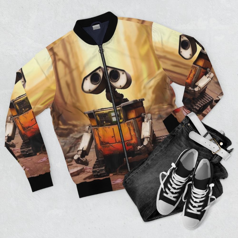 Cute Wall-E bomber jacket, a charming cartoon-inspired outerwear piece. - Flat lay