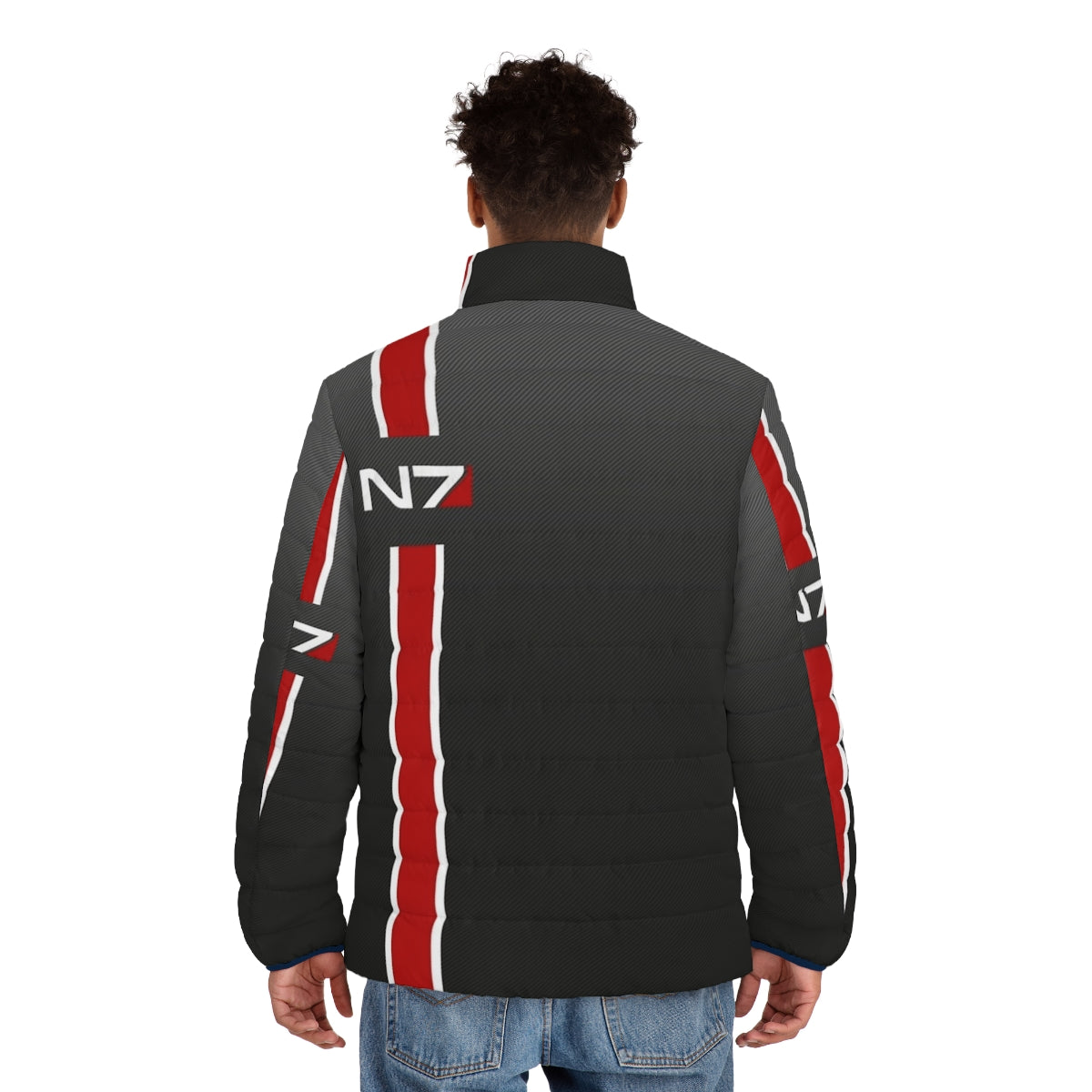 Mass Effect N7 Iconic Puffer Jacket featuring Commander Shepard - men back