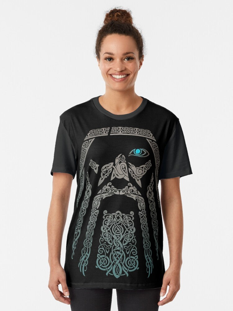 Odin, the Norse god, featured in a mystical, tribal-inspired graphic design on a grey t-shirt. - Women