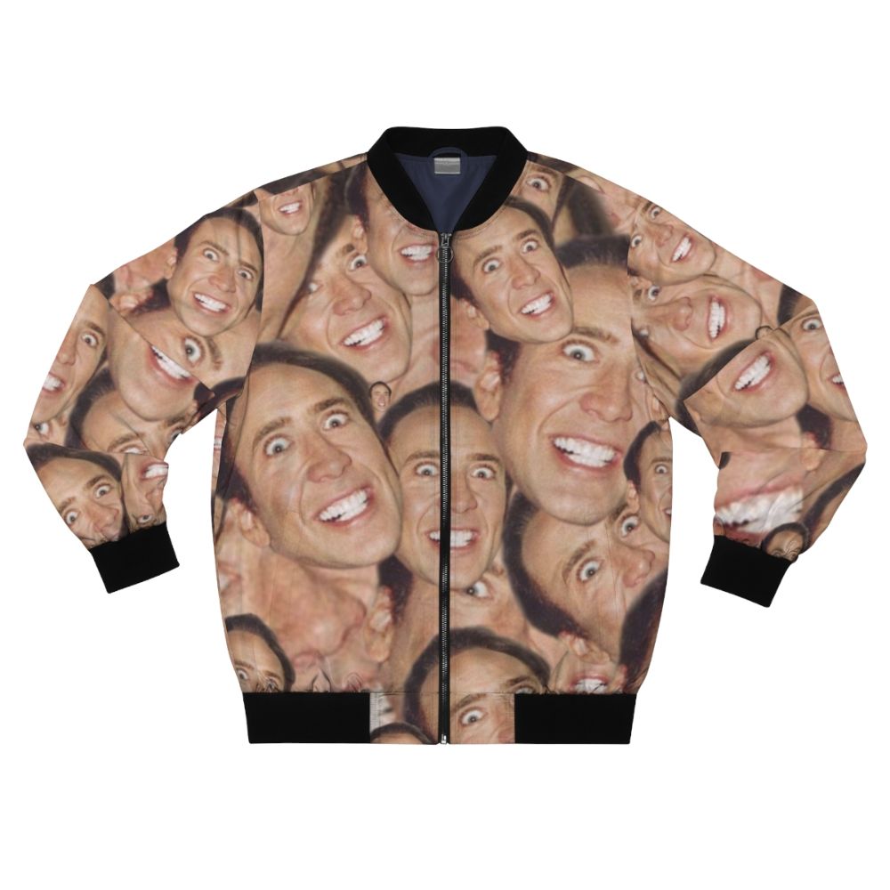 A bomber jacket featuring a collage design with the face of actor Nicolas Cage.