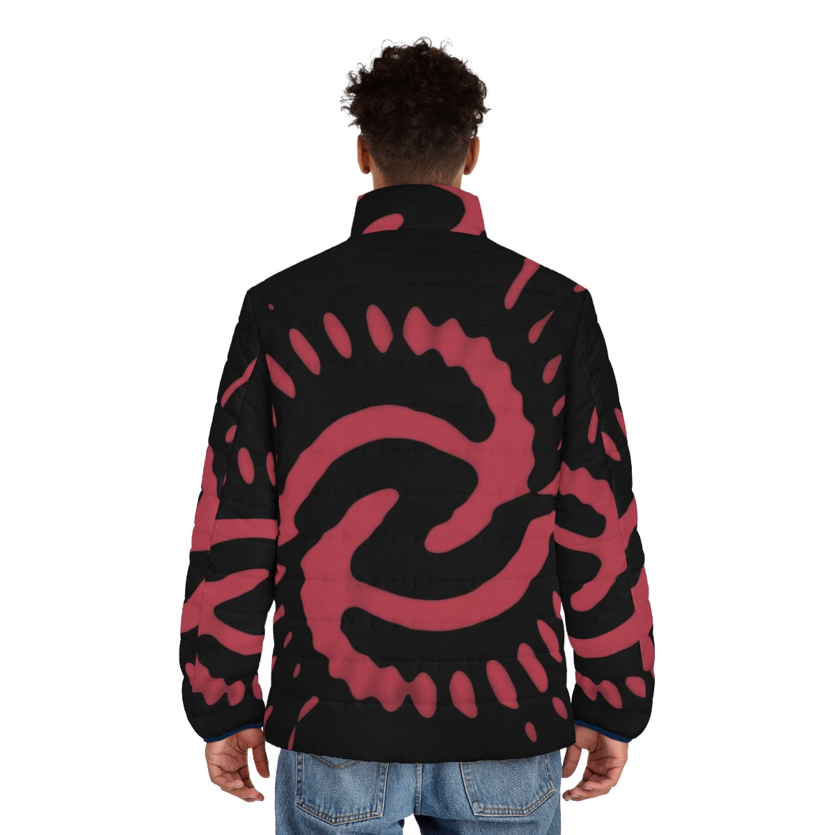 1970 pink puffer jacket with abstract time vortex pattern - men back