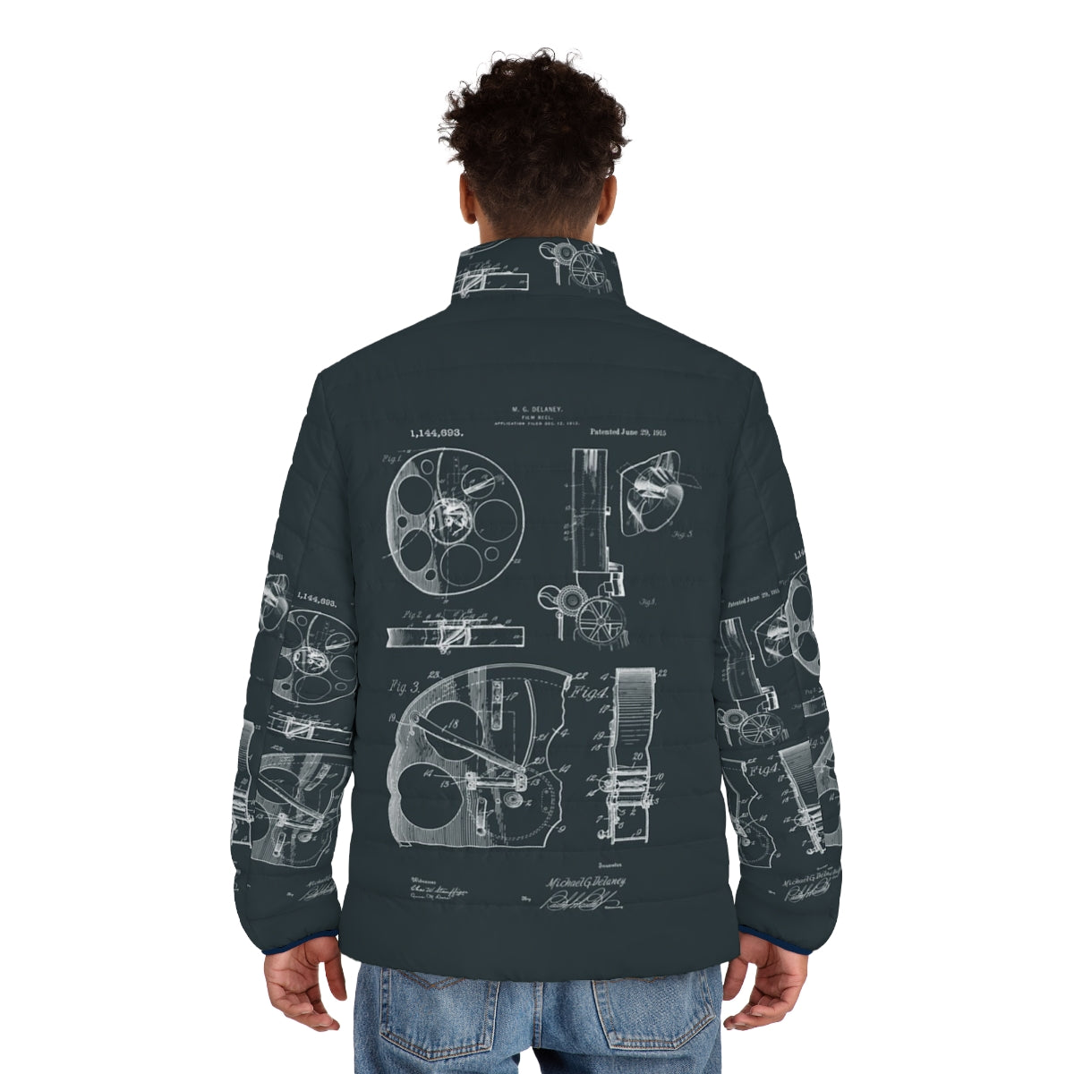 Vintage puffer jacket with film reel patent drawings design - men back