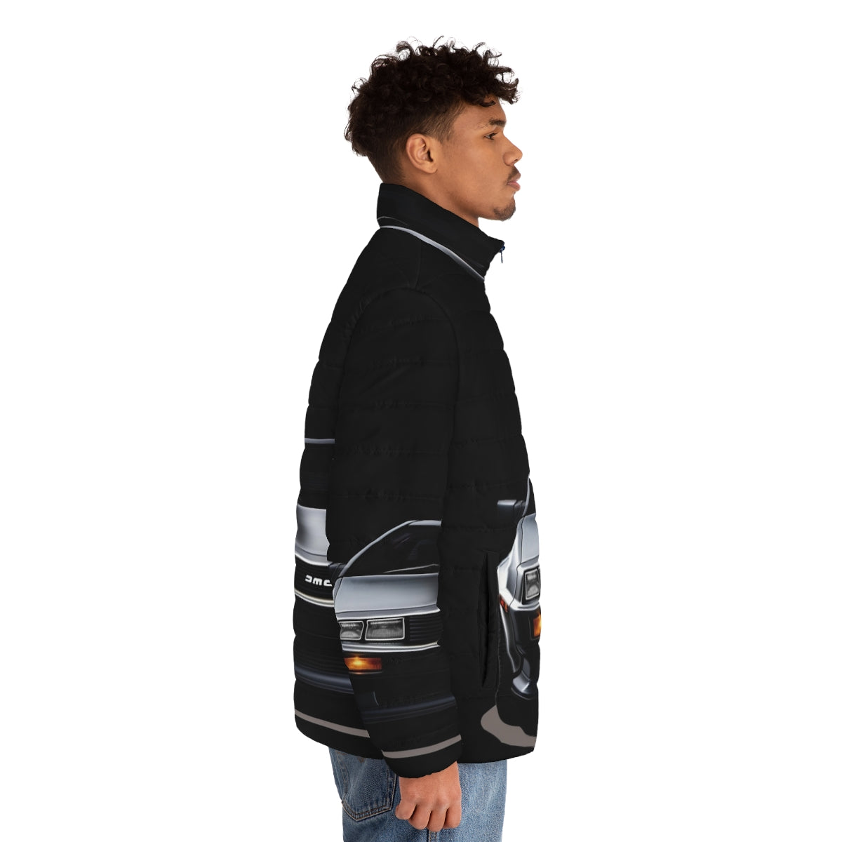 Delorean inspired puffer jacket with high-quality design and retro futuristic style - men side right