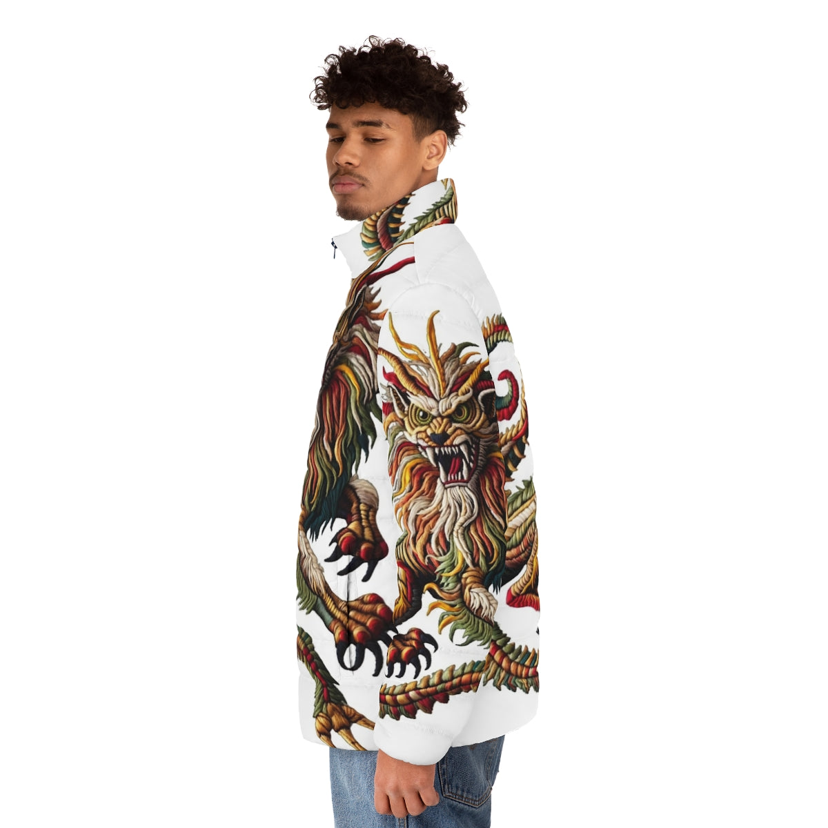 Manticore puffer jacket with embroidered fantasy animal design - men side left