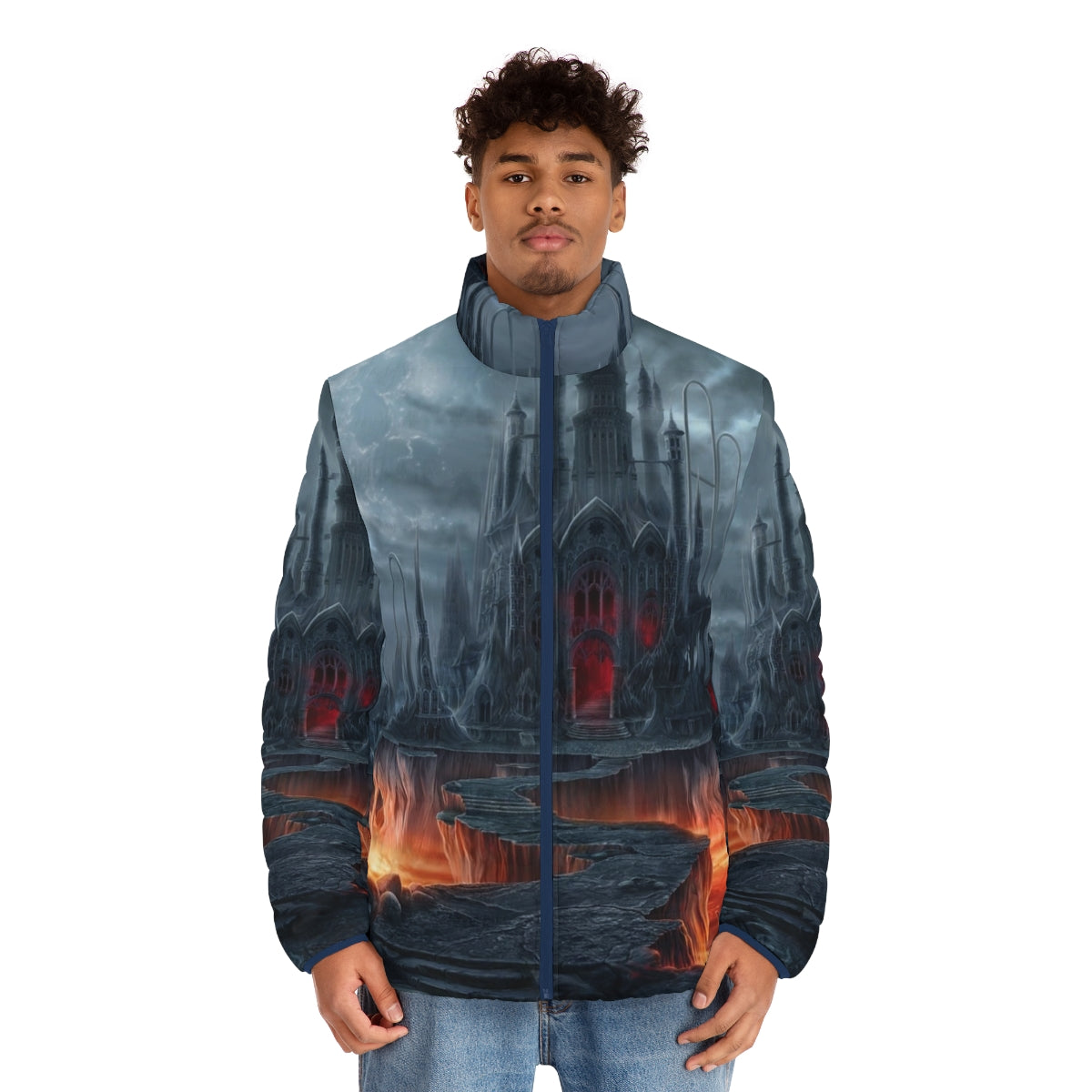 Dark Castle Puffer Jacket with Gothic and Mystic Design - men front