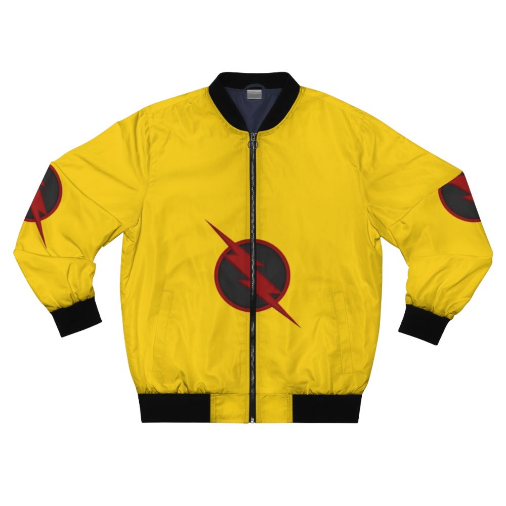 Yellow bomber jacket with "Zoom" graphic, inspired by the Flash's nemesis Professor Zoom