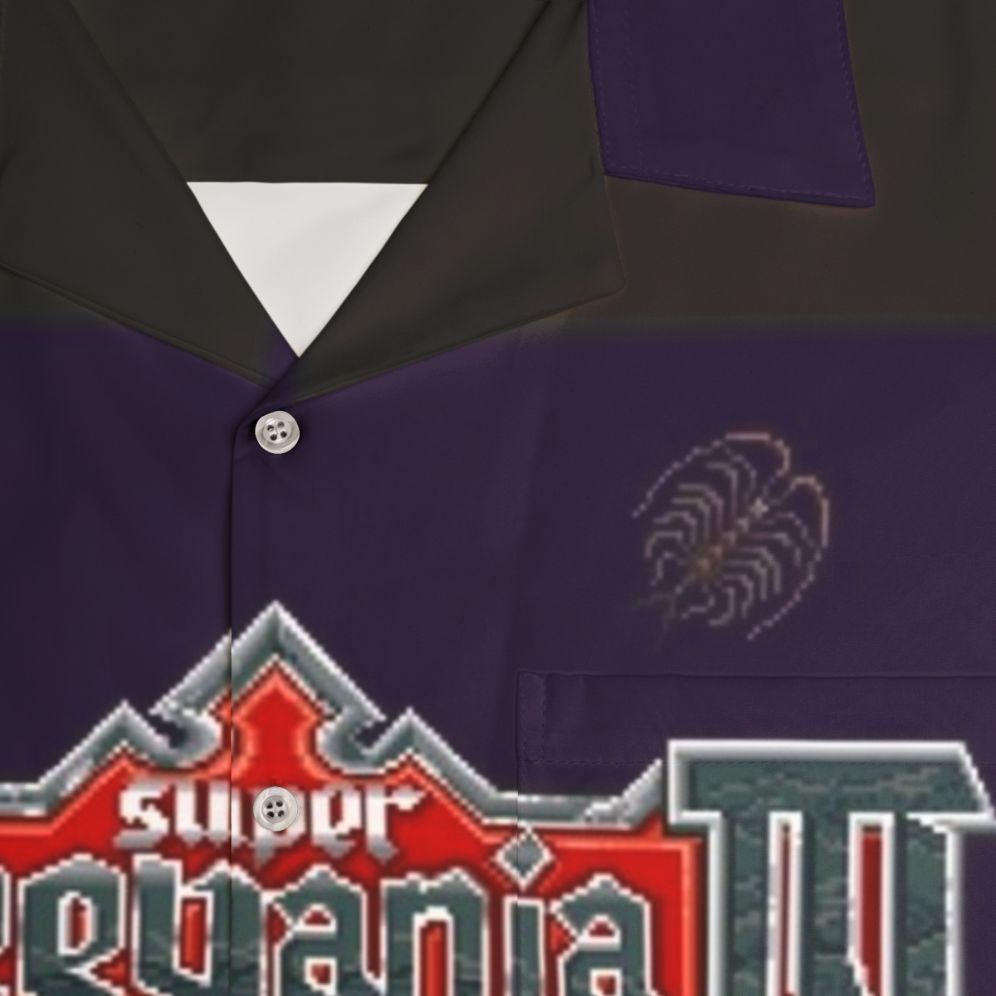 Retro Castlevania-inspired Hawaiian shirt with coffee and pixel art design - Detail