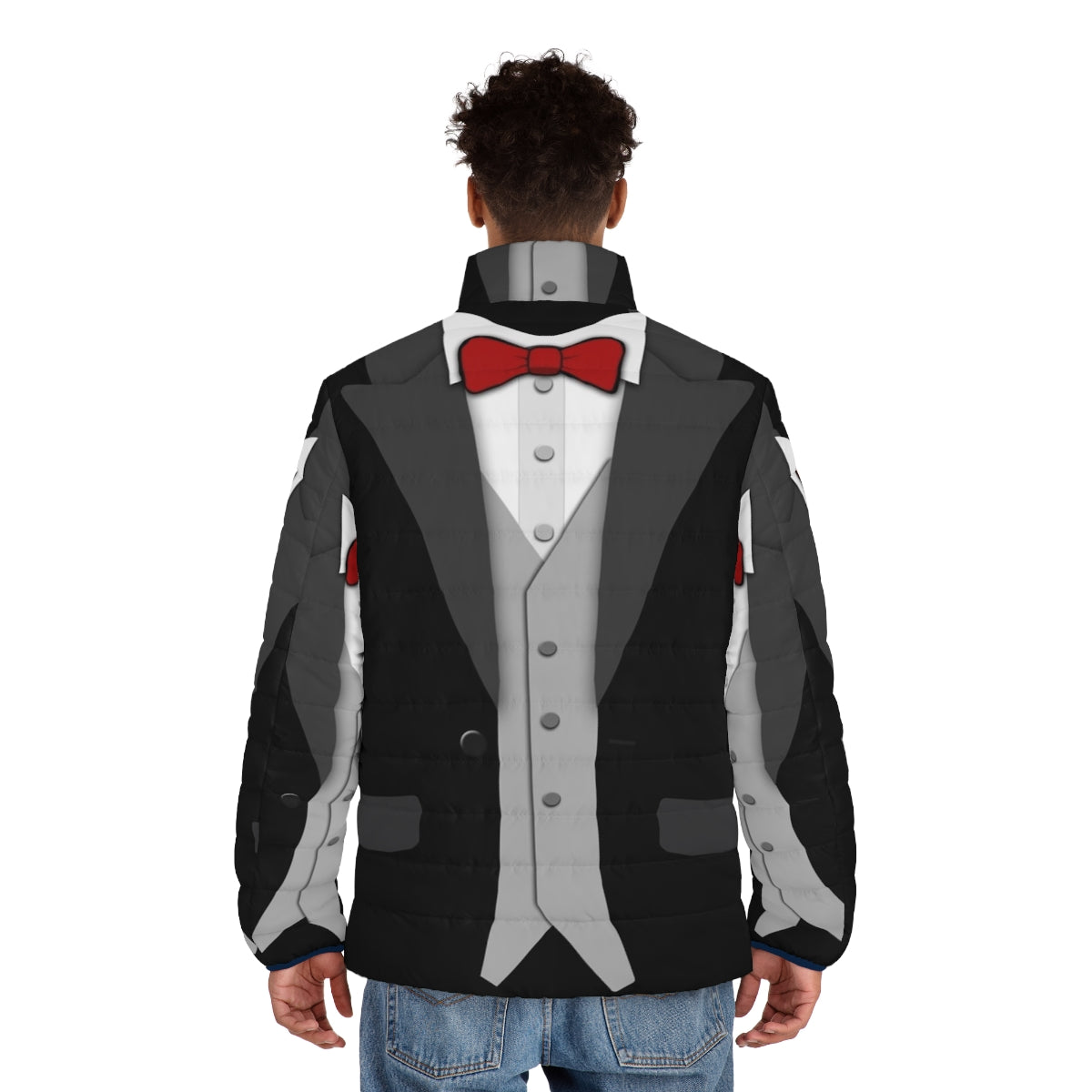 A black puffer jacket with a classic tuxedo look, featuring a red bowtie and vest for a unique formal style. - men back