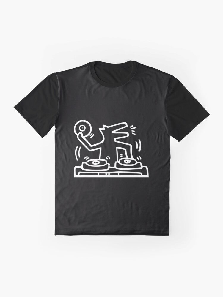 Colorful pop art graphic t-shirt featuring a cartoon-style design of a DJ dog inspired by the artwork of Keith Haring. - Flat lay