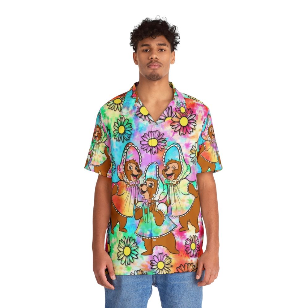 Tie Dye Hawaiian Shirt with Tropical Sun Bonnet Print - People Front