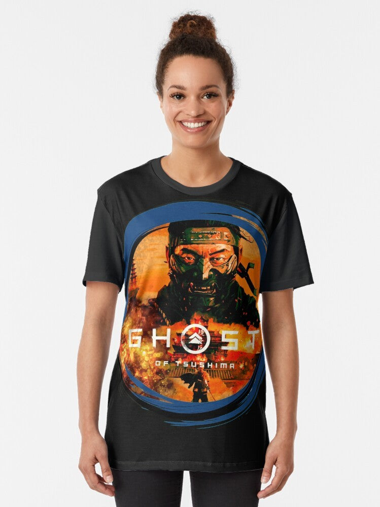 A stylized graphic t-shirt featuring the ghost of tsushima, samurai, ninjas, and Japanese art. - Women