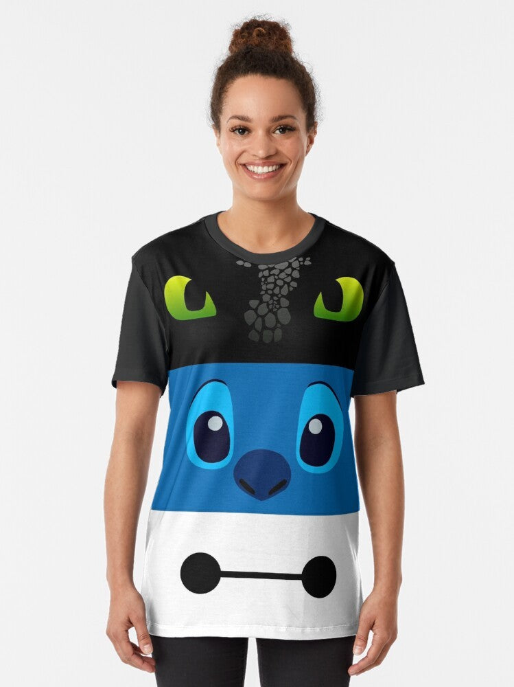 Graphic t-shirt featuring three vibrant colors and minimalist Lilo and Stitch inspired design - Women