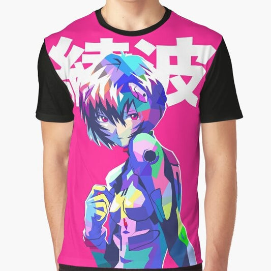 Rei Ayanami from Neon Genesis Evangelion anime wearing a graphic t-shirt with aesthetic kanji design