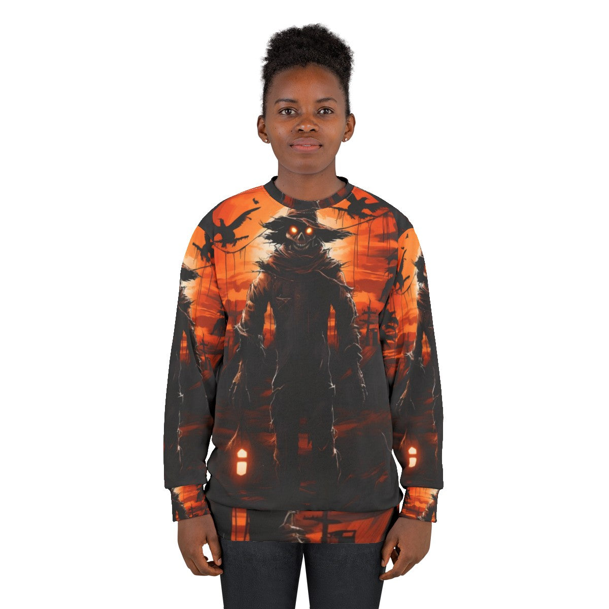 Terrifying full moon and scarecrow halloween sweatshirt - women