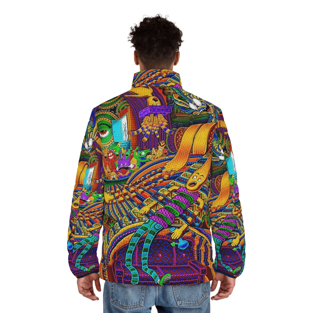 Puffer jacket with psychedelic, visionary art design inspired by altered states of consciousness - men back