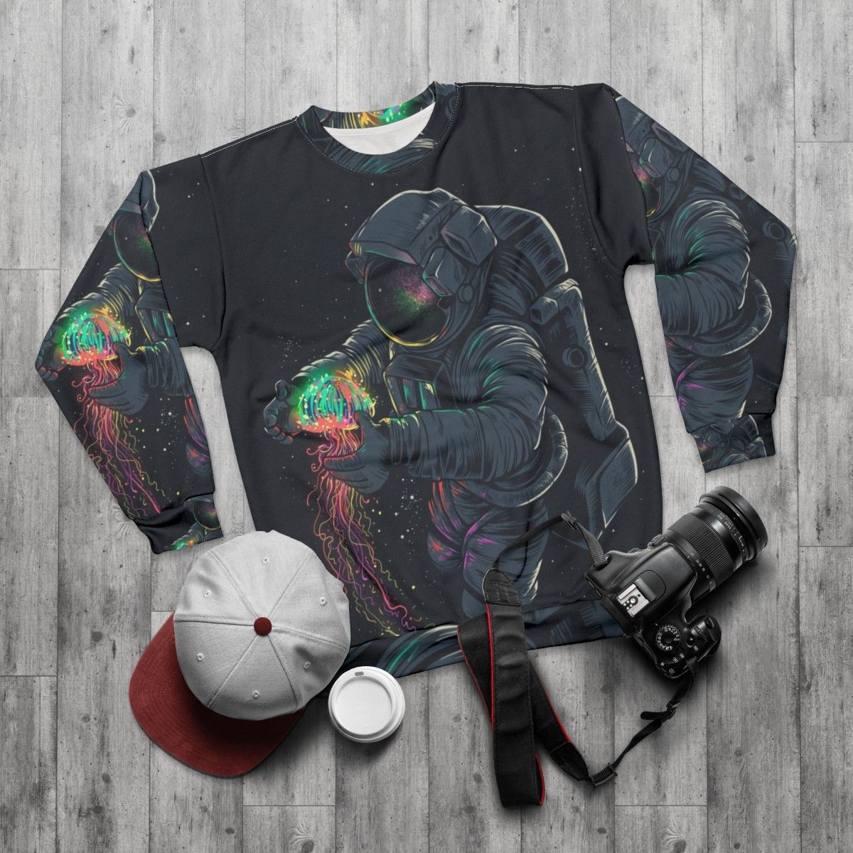 Cosmic Jellyspace Sweatshirt with Galaxy and Intergalactic Design - flat lay