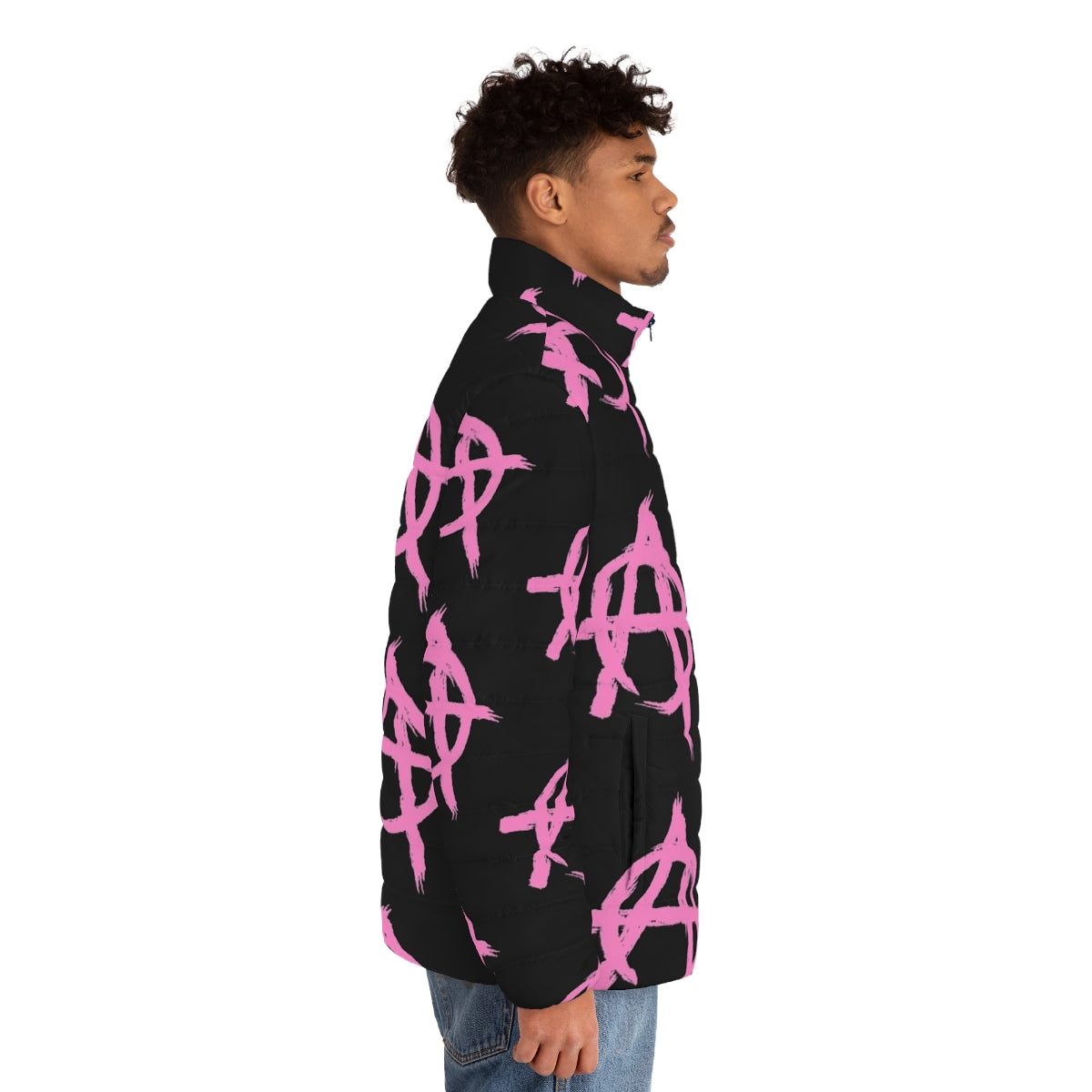 Pink Anarchy Puffer Jacket inspired by Machine Gun Kelly's "Tickets to My Downfall" album - men side right