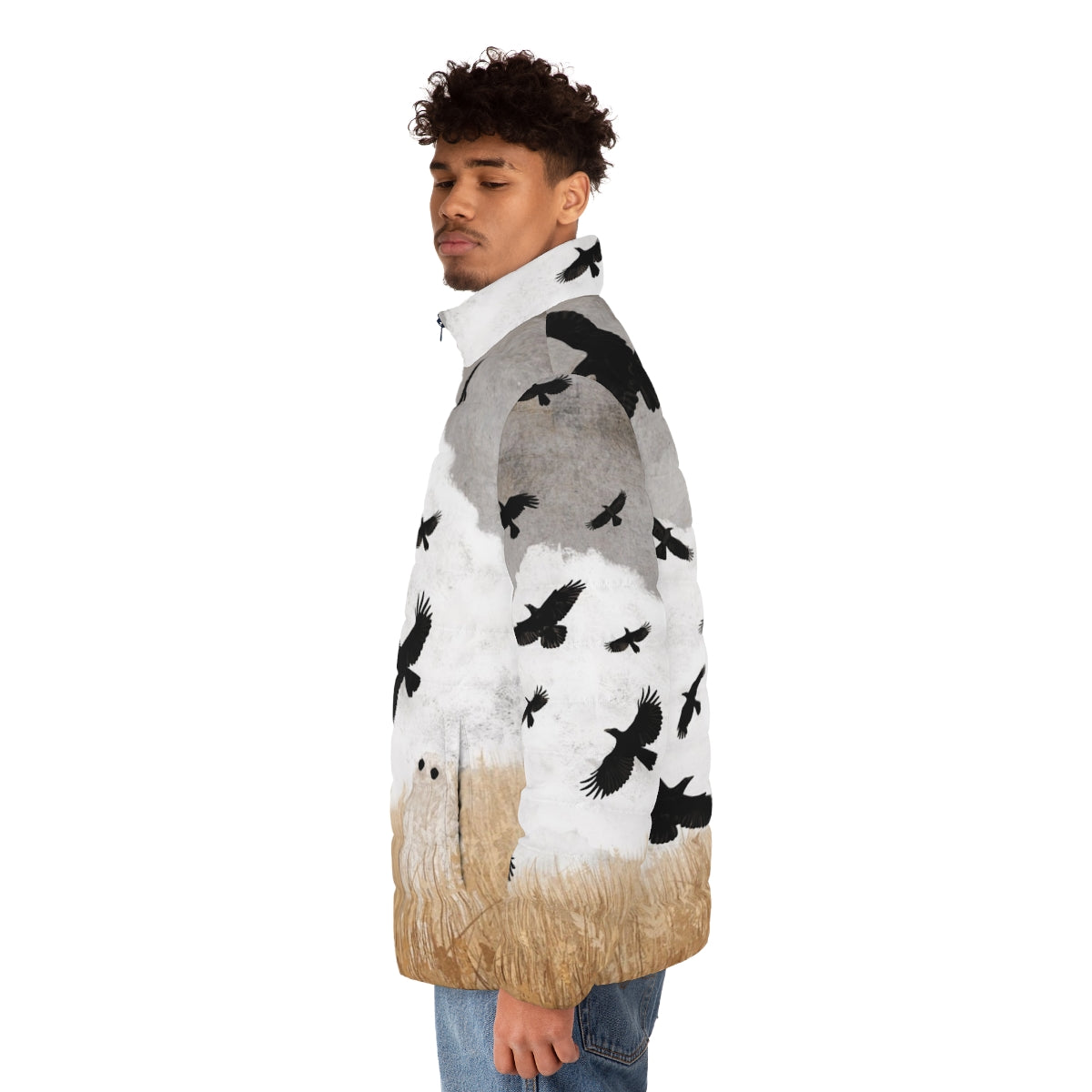 Puffer jacket with crows and nature-inspired vintage design - men side left