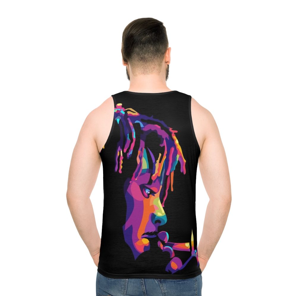 Vibrant pop art unisex tank top with "Legend Never Die 999" design - men back