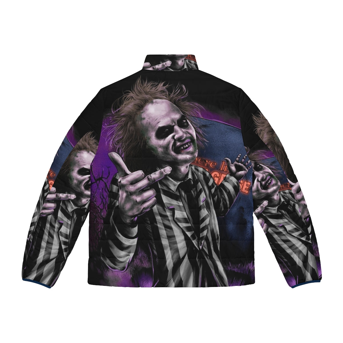 Beetlejuice-themed puffer jacket with a dark, gothic aesthetic - Back