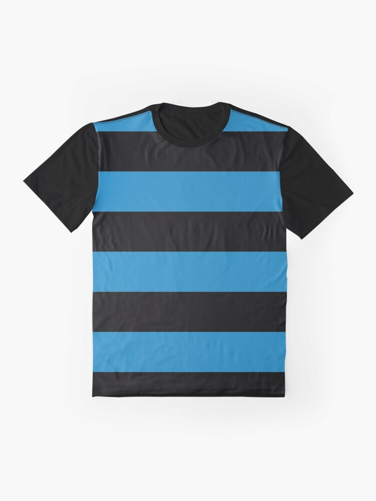 Large horizontal striped graphic t-shirt in ocean blue and black - Flat lay