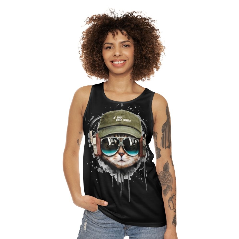 DJ Cat Unisex Tank Top with Headphones and Sunglasses - women