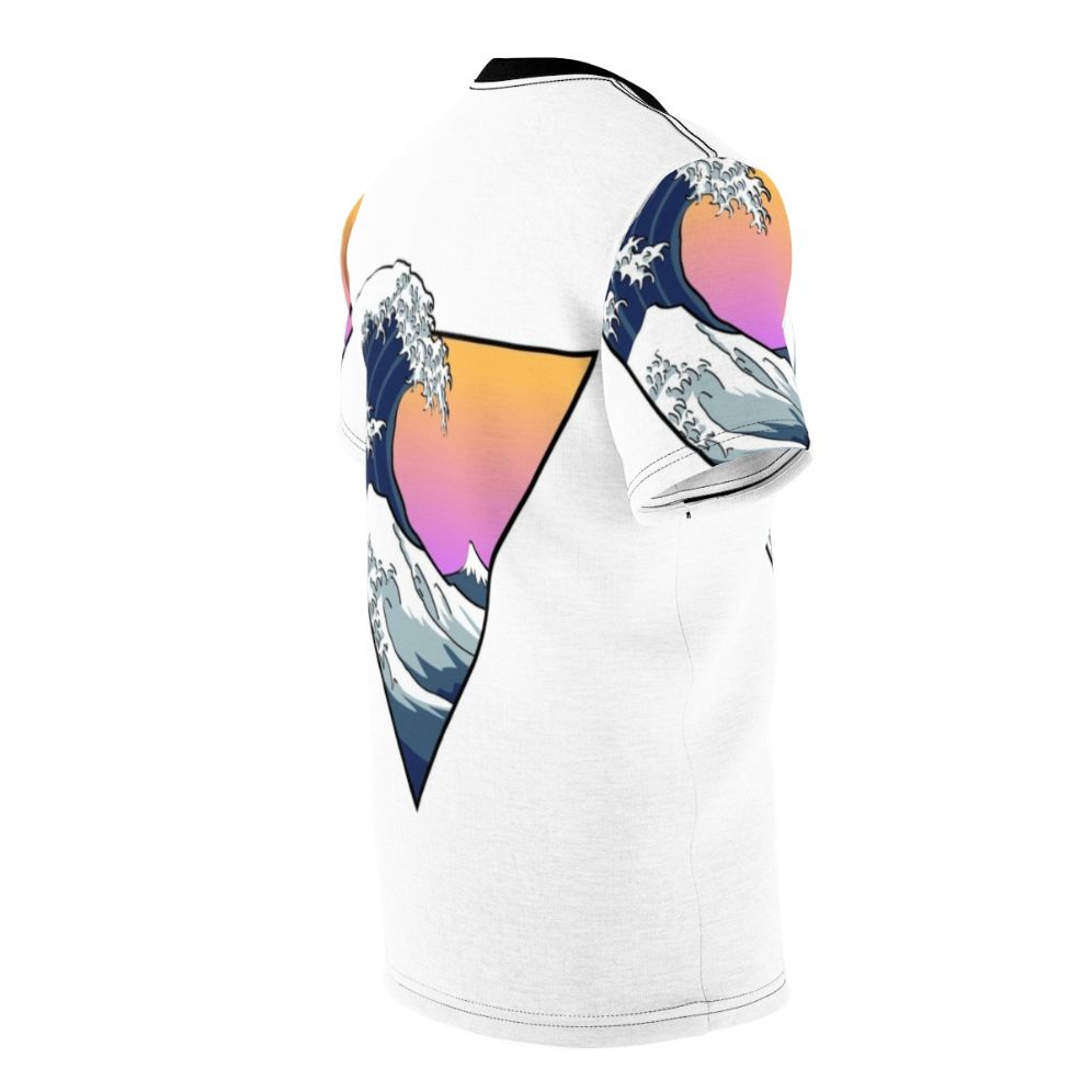 A t-shirt featuring a vibrant, gradient wave design inspired by Japanese art and vaporwave aesthetics. - men right