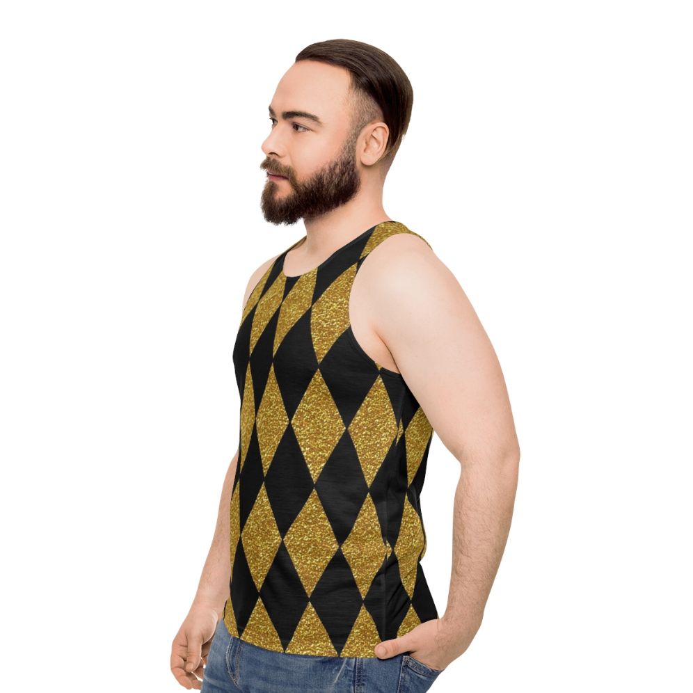 Black and gold harlequin pattern unisex tank top - men side