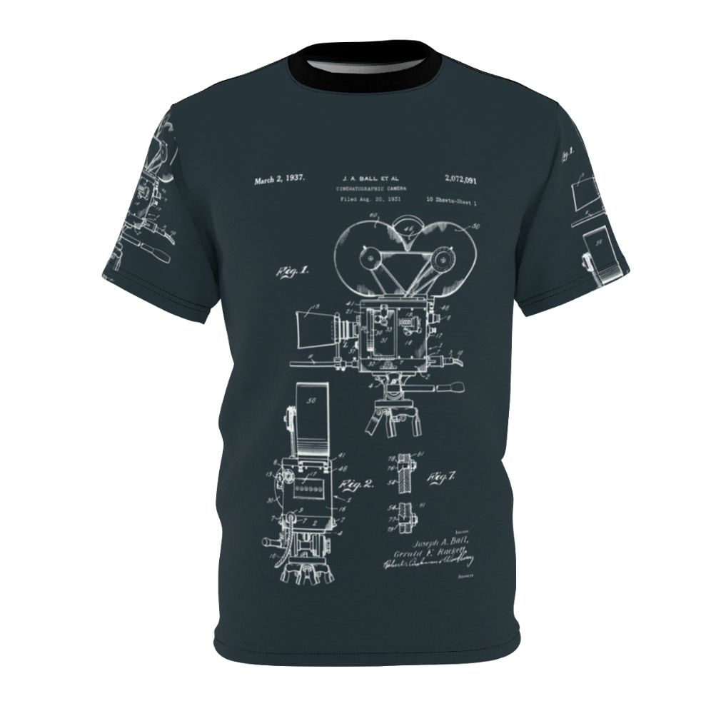 Vintage-style t-shirt featuring patent drawings of a movie camera from 1937.