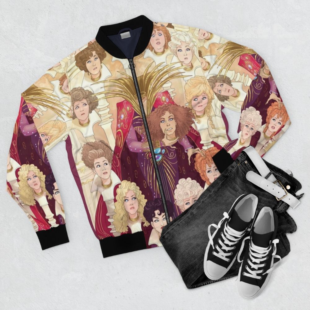 80s inspired bomber jacket with fantasy art design - Flat lay