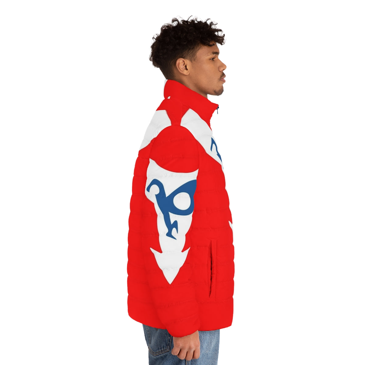 A stylish puffer jacket featuring the character Hurricane Polimar from anime and manga. - men side right