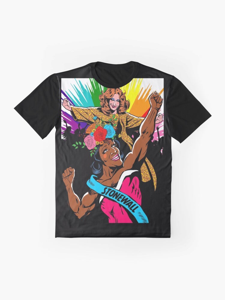 Stonewall Sisters LGBTQIA+ graphic t-shirt featuring a design celebrating pride and equal rights - Flat lay