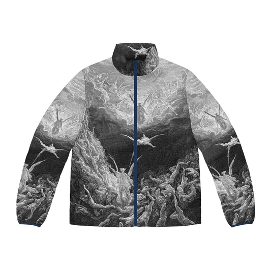 Puffer jacket featuring Gustave Dore's 'Satan Falls to Earth' woodcut artwork