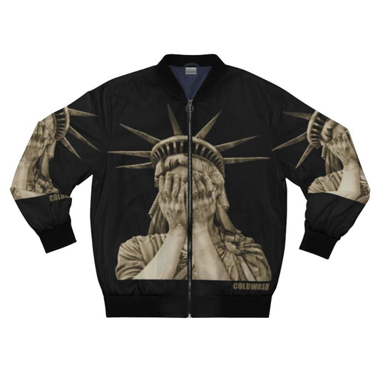 A bomber jacket featuring the iconic Statue of Liberty design, representing American liberty and justice.