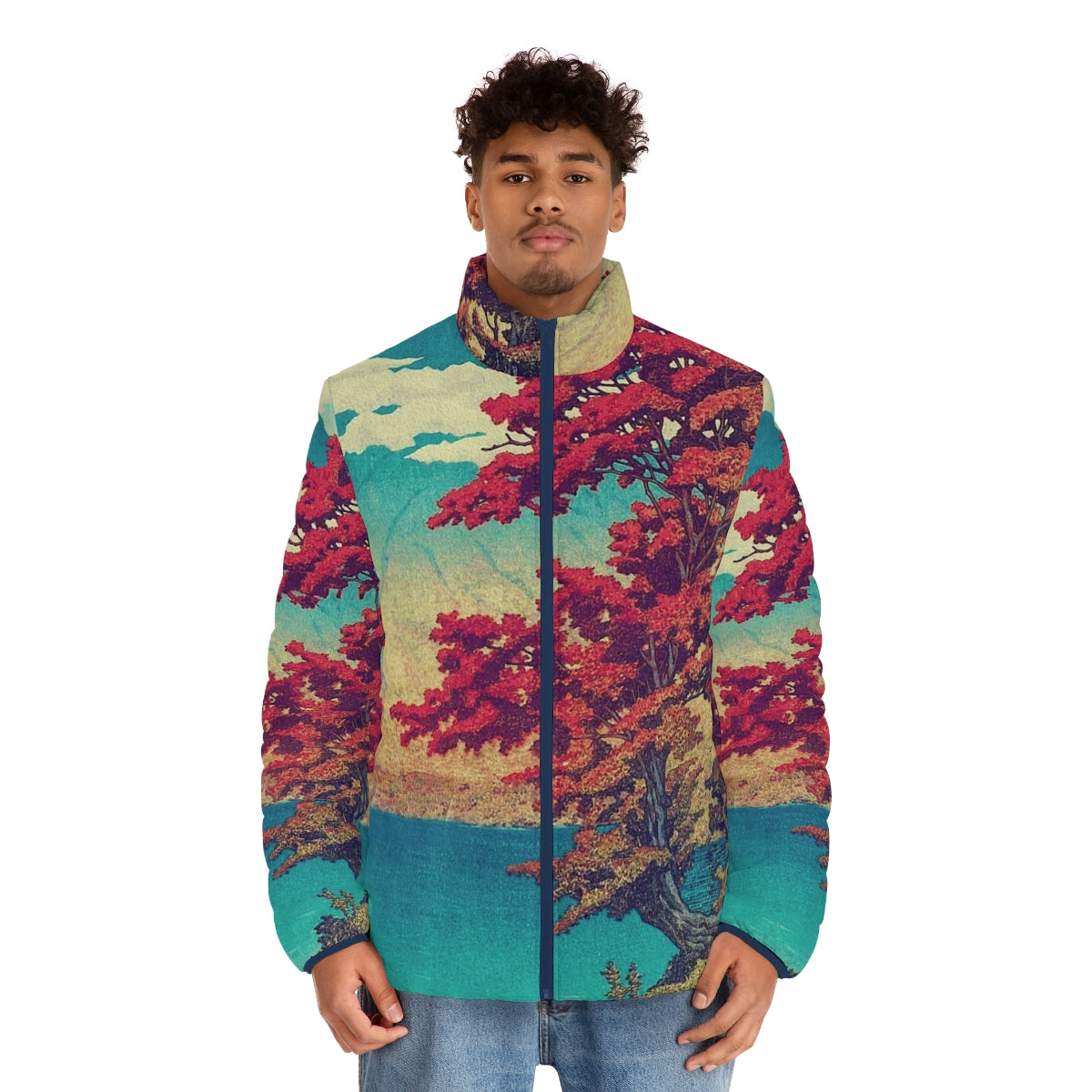 Ukiyo-e inspired puffer jacket featuring a nature landscape design - men front