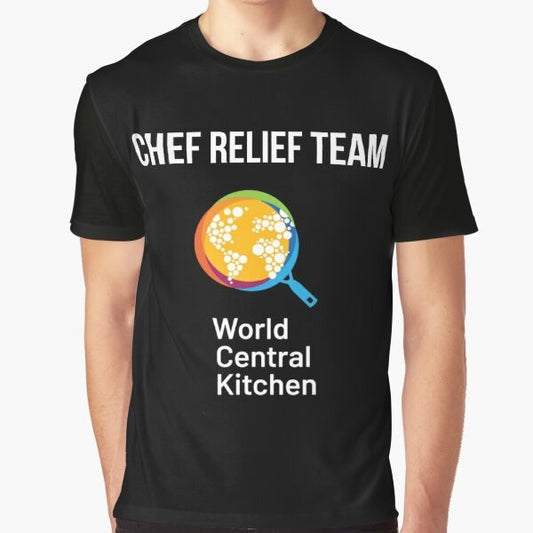 World Central Kitchen charity t-shirt featuring a graphic design with text and food icons to support the organization's mission of providing healthy meals to those in need.