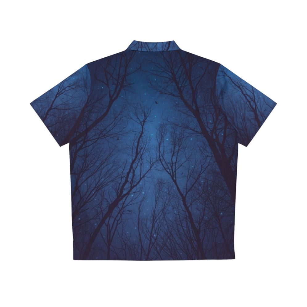 Indigo blue galaxy Hawaiian shirt with abstract tree branches and birds at night - Back