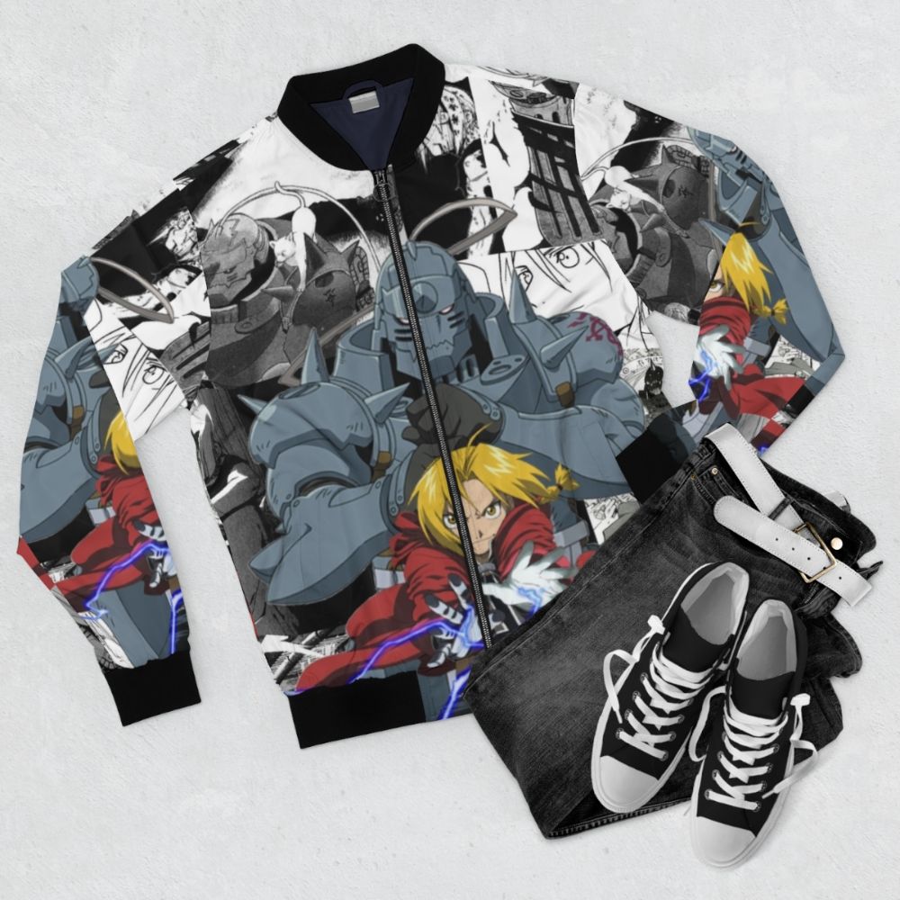 Full Metal Alchemist Anime Manga Grouping Bomber Jacket with Edward and Alphonse Elric - Flat lay