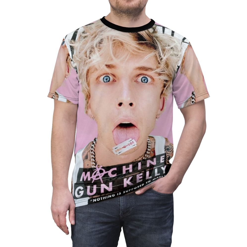 Crazy face blonde man graphic t-shirt featuring machine gun kelly and rap music imagery - men front