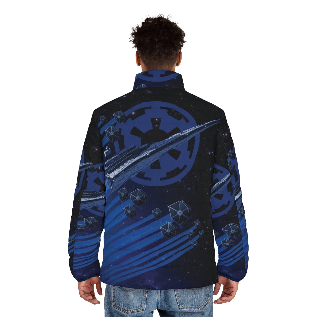 Geeky puffer jacket with eyeball design - men back