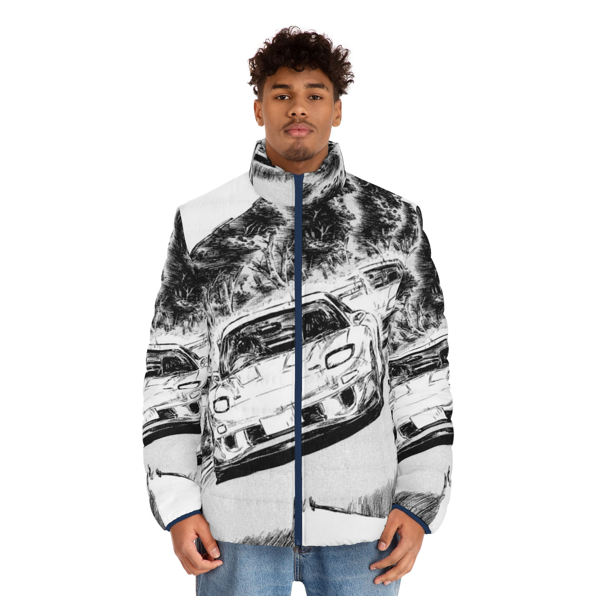 Initial D Rx7 vs Supra V2 Puffer Jacket featuring iconic anime and automotive graphics - men front