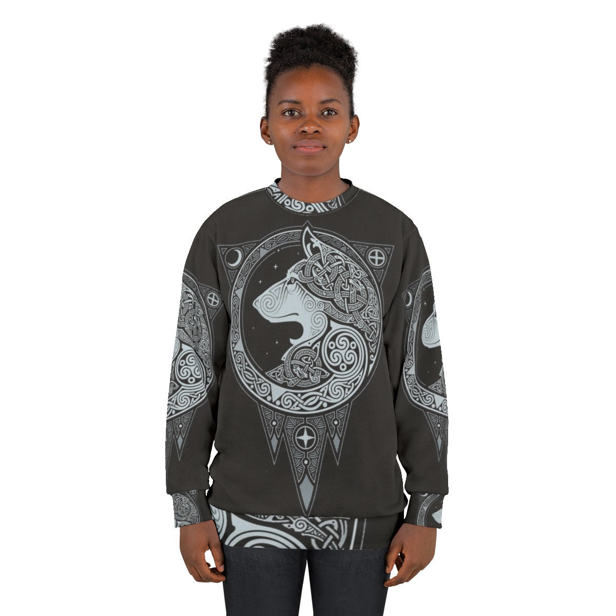 Norse Ulv Silver Sweatshirt with Scandinavian Mythology and Wolf Graphic - women